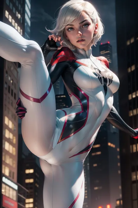 Female Spider-Man Gwen，White suit，Black spider symbol，Ballet shoes，golden ratio body, Flexible body，Calm expression，New York City at night，Handsome gestures，heroism，majestic-looking，Eight-pack abs