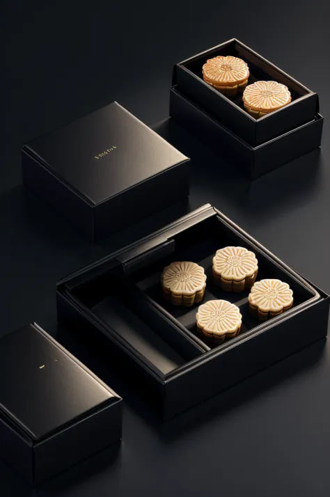 On the table was a box of beautifully wrapped mooncakes, Black packaging modern design，Simple and atmospheric box design，Professional product photography，Product rendering, rendered in 3 dsmax, 3 d product render, Hong Kong, highly detailed render, high qu...
