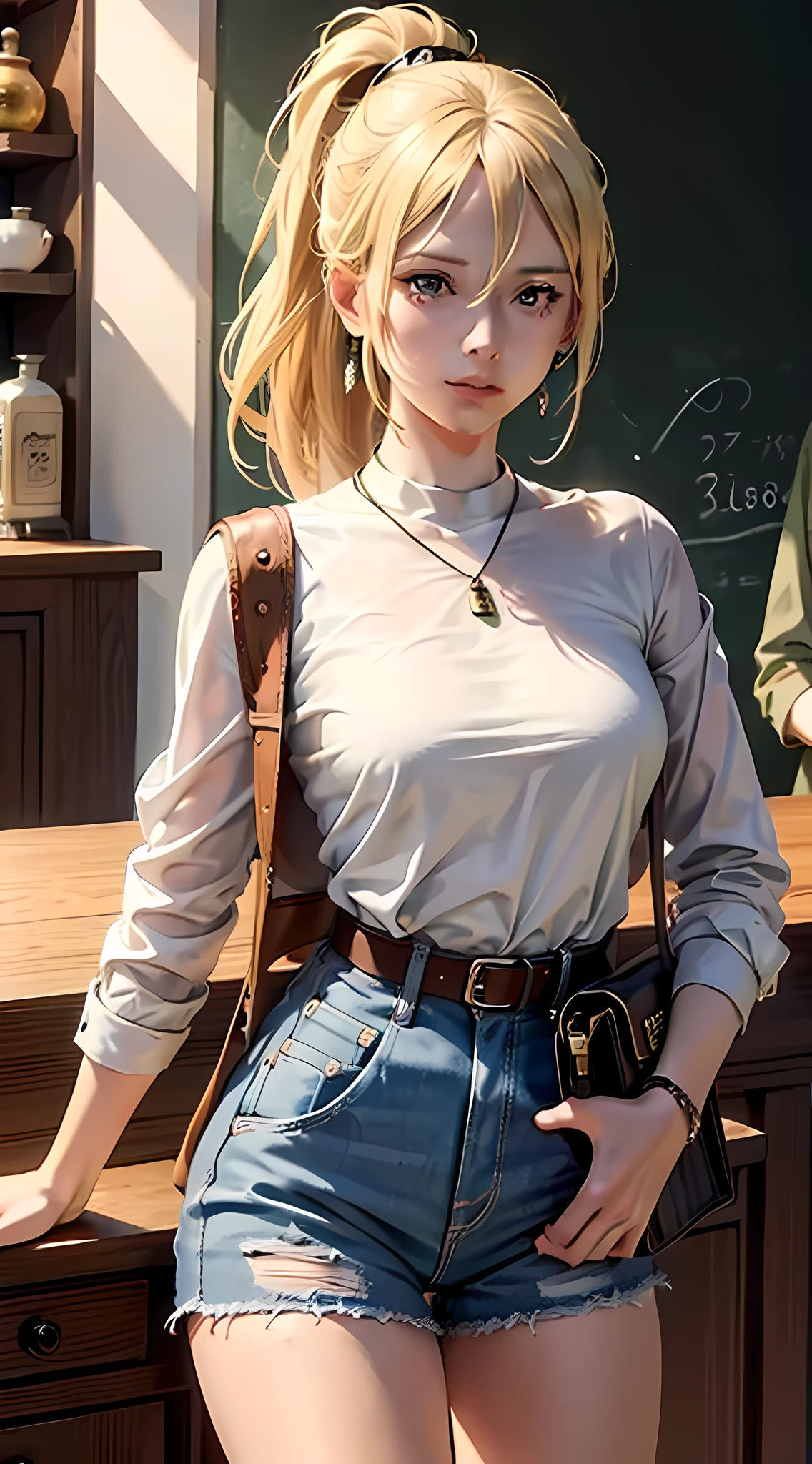 historia del anime Shingeki no Kyojin, cabello hasta los hombros, pelo rubio, cola de caballo, Hermoso, Hermoso woman, cuerpo perfecto, pechos perfectos, vistiendo una camiseta marrón de gran tamaño, Jeans cortos, usando un bolso, mirar, usando aretes, compra cómodo allí, grandes almacenes, cola de caballo, mirando al espectador, una leve sonrisa, realism, obra maestra, cuero texturizado, Súper detallado, Alto detalle, alta calidad, mejor calidad, 1080p, 16k