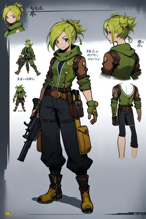 Close-up of a man in a gun costume, ((character concept art)), ((character design sheet, same character, front, side, back)) character art of maple story, video game character design, video game character design, maple story gun girl, girl wearing cute car...