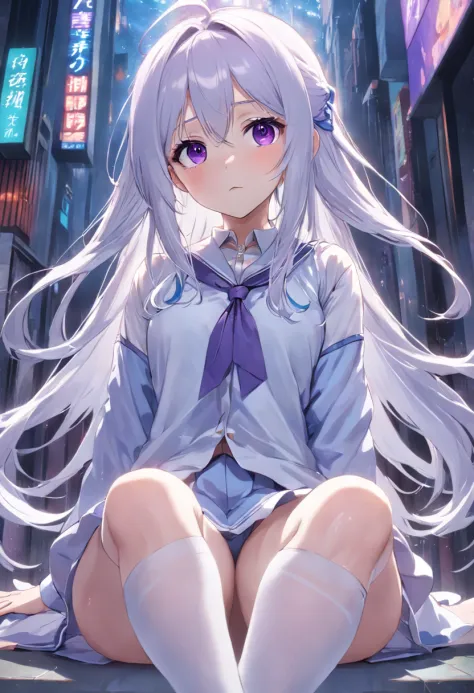 Purple pupils，Lazy expression，Long white hair and white stockings，Cyan and blue clothes，Campus JK