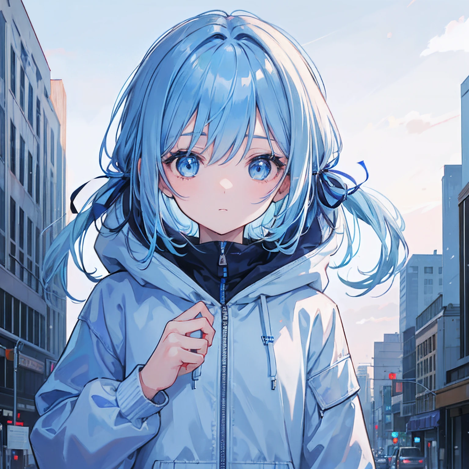 1girl, with light blue hair and blue eyes, wearing 2 hair ribbon and a blue and white hoodie. The scene is set in winter, with the girl looking directly at the viewer. This image can be used as a profile picture.City background.Masterpiece,high-quality,absurdres