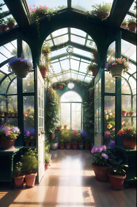 There are a lot of potted plants in the greenhouse on the floor, in bloom greenhouse, floral environment, greenhouse, glasshouse, Realistic garden, interior background art, Glass greenhouse, huge greenhouse, room full of plants, inspired by Evgeny Lushpin,...