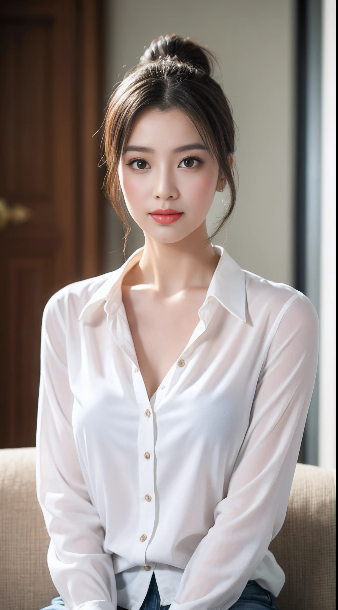 (RAW photogr:1.2),The highest quality, 超高分辨率, Female anchor，sitting in the couch，Wearing a white shirt，Team it with a pair of blue jeans。Makeup looks fresh and natural，Mainly light makeup，The eyes and lips of the female anchor are emphasized。The face shape is melon seed-shaped，The eyes are bright and alert，The eyebrows are slender and curved，Ruby and plump lips。Hair tied into a ponytail，It shows a vibrant image。，indoor background