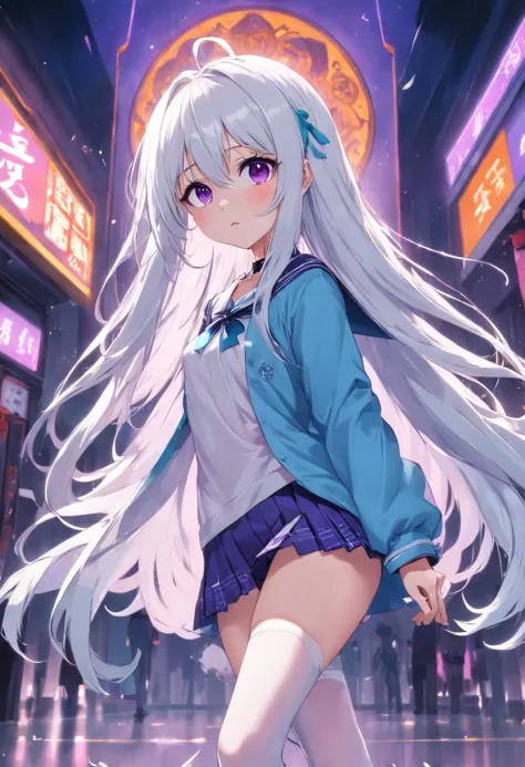 Purple pupils，Lazy expression，Long white hair and white stockings，Cyan and blue clothes，JK Campus