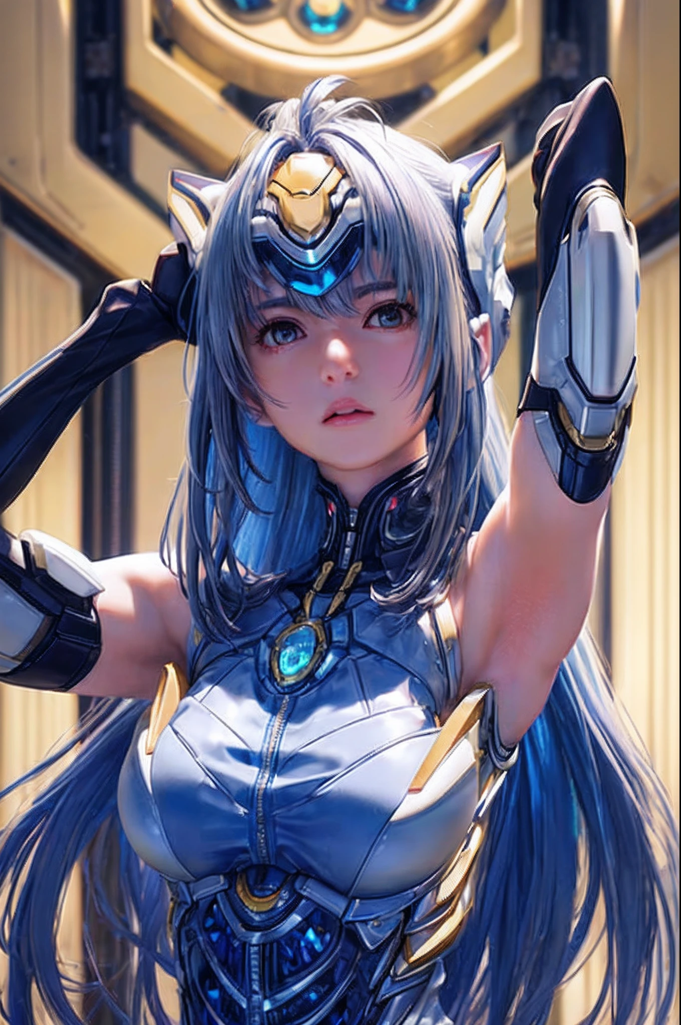 top-quality、​masterpiece、超A high resolution、(Photorealsitic:1.4)、女の子1人、Light blue hair、Straight hair, shiny and clean hair、White shiny skin、Sexy Cyberpunk Girl、((super realistic details))、Shadow、octan render、ultrasharp、hyperdetailed face、Fiberglass、Luminous tube、highly intricate detail、Realistic light、CGSoation Trends、((Golden Eyes))、(Facing the camera)、neon details、Mechanical limbs、Mechanical vertebrae attached to the back、mechanical cervical attaching to neck、Wires and cables connecting to the head、cosmic background、Rat trail section、((valkyrie))、((Beam Cannon))