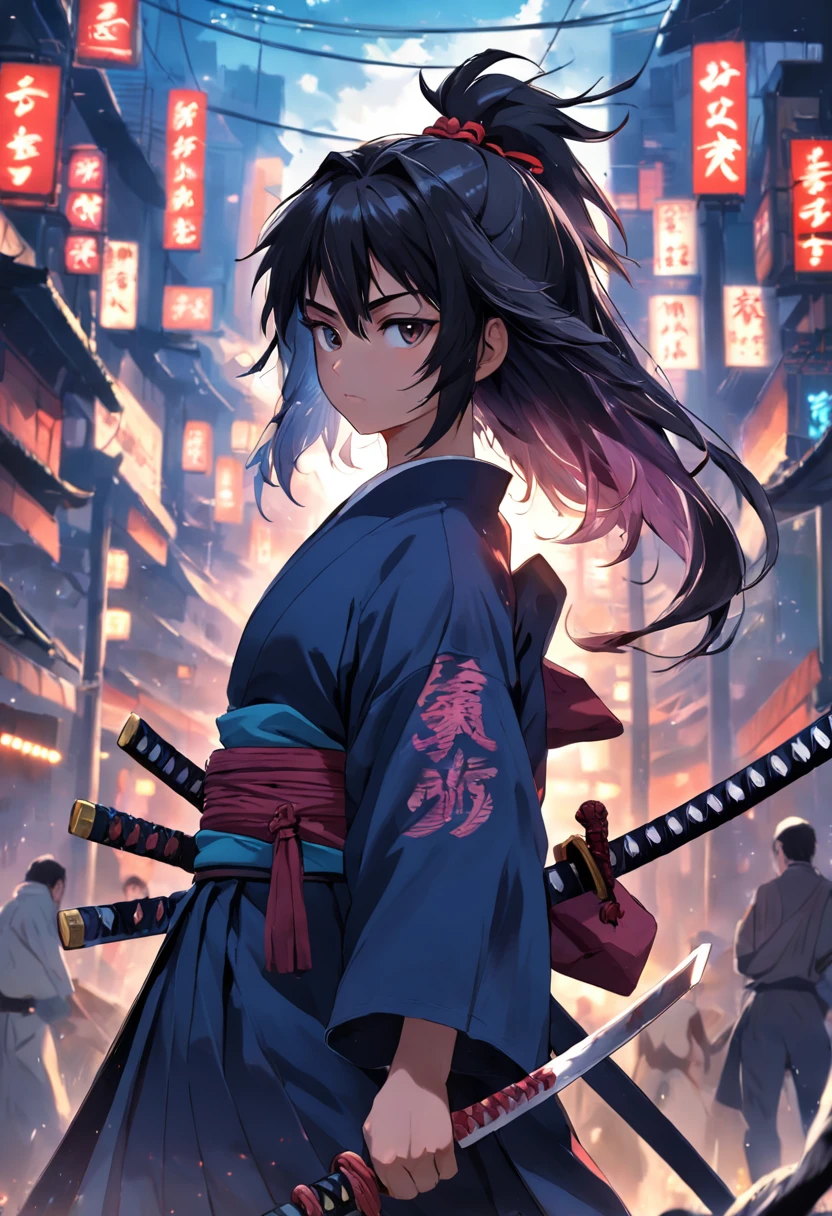 A woman in a kimono outfit holding two swords in a city - SeaArt AI