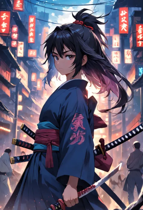 Samurai de 18 anos com pouco cabelo , usando uma katana