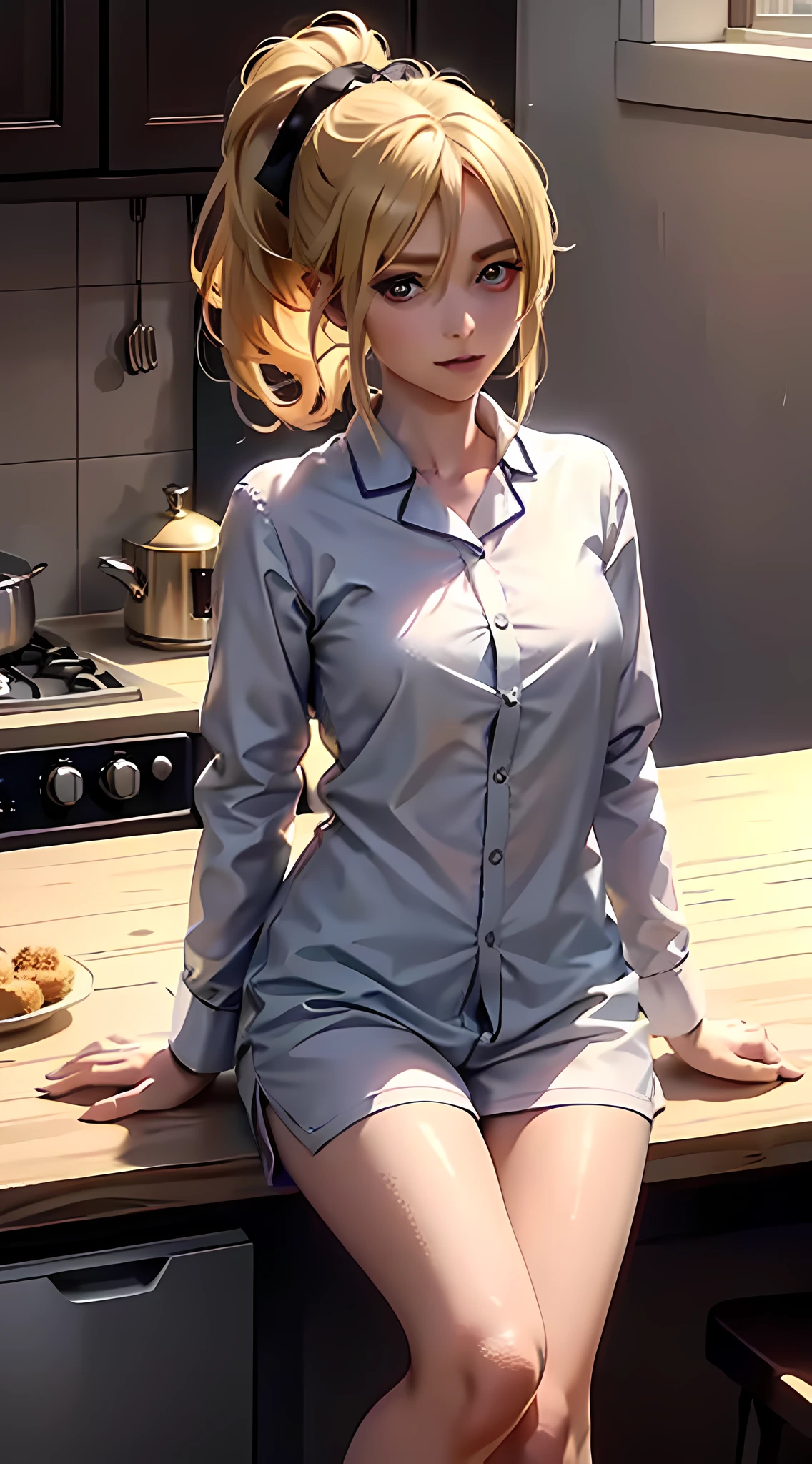 historia del anime Shingeki no Kyojin, cabello hasta los hombros, pelo rubio, cola de caballo, cola de caballo, Hermoso, Hermoso woman, cuerpo perfecto, pechos perfectos, Usar pijama azul marino, pajamas, ropa de dormir, en la cocina, cocina clara, mirando al espectador, sonríe levemente, realism, obra maestra, piel texturizada, Súper detallado, Alto detalle, alta calidad, mejor calidad, 1080p, 16k