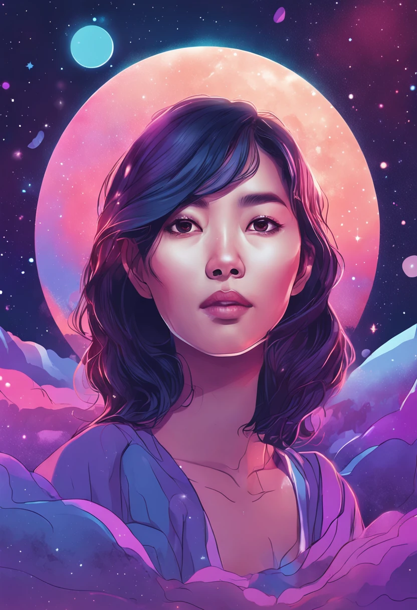 Korean girl half face, Soothing colors with realistic stroke style and purple and blue color palette, Universe and stars on background.