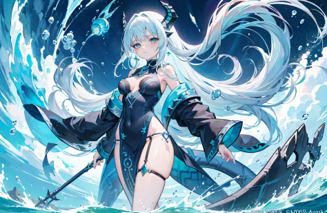 gawr gura, high quality, holding trident, effects, vfx, ocean, swirling water serpent, high quality, normal quality, high quality eyes, shark girl, body curves, twins, tinted light blue white hair, amazing masterpiece, hentai