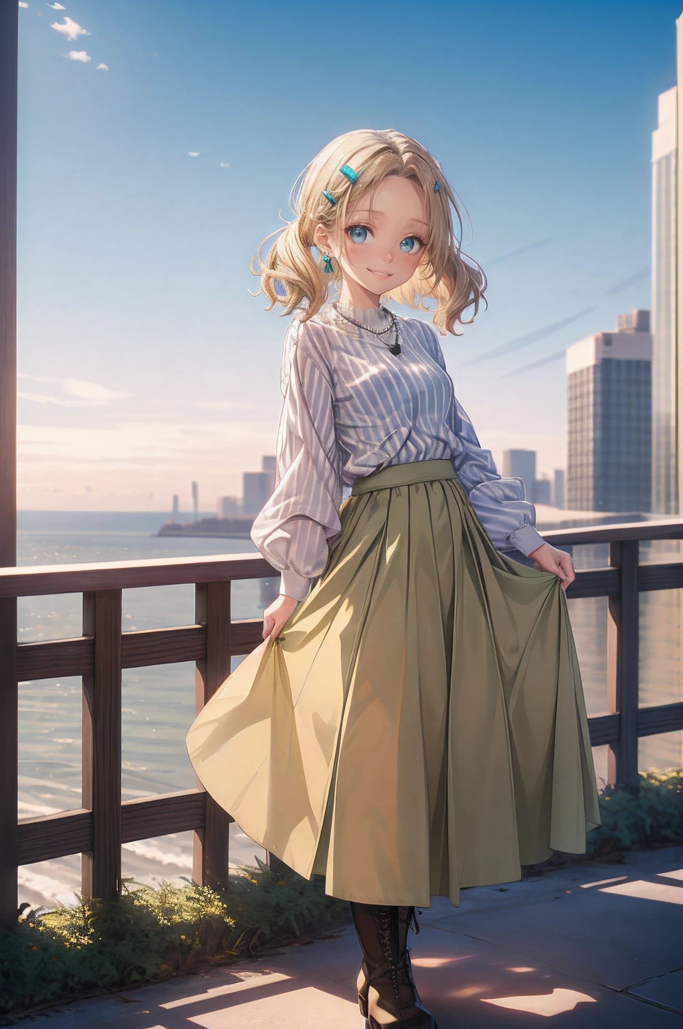 absurderes, ultra-detailliert,bright colour, extremely beautiful detailed anime face and eyes, view straight on, ;D, shiny_skin,25 years old, Short hair, (Forehead:1.3), Blonde hair with short twin tails, Shiny hair, Delicate beautiful face, red blush、(cyan eyes:1.2), White skin, hair clips, earrings, a necklace, 
(White horizontal striped shirt:1.5),(Happy smile:1.4),(Khaki Long Skirt:1.3),Beautiful cloud,(Black boots),Dusk sky,Full body