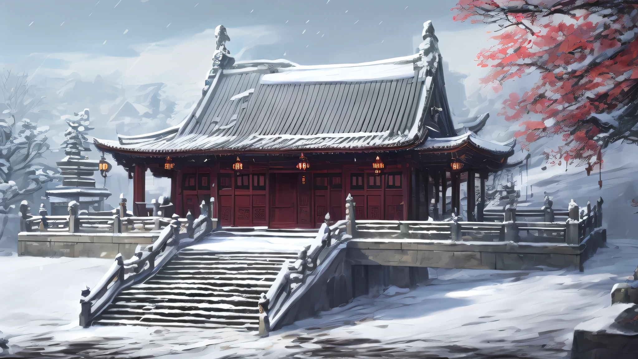 Pilares y escalones de piedra gris.，La cima es nieve，Casa de madera de color marrón rojizo oscuro，Oyuki