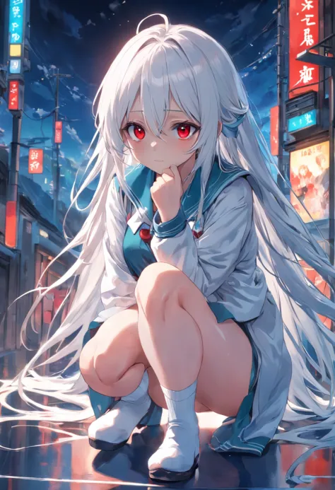 red pupils，Lazy expression，Long white hair and white stockings，Cyan and blue clothes，JK Campus，ssmile