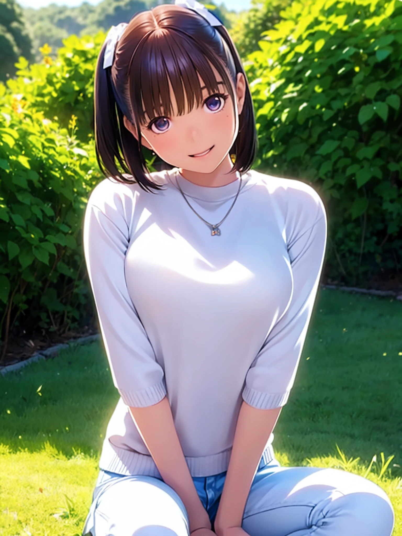 hight resolution,8K,Best Quality,detaileds,semi - realistic anime,Anime 3D Style,Smooth Anime CG,1 girl in,20 year old woman in Japan,slim,modeled,shiny chestnut hair,Medium Hair,Detailed face,Beautiful and detailed eyes,Glowing skin,((Light brown half-length sweater)),((White skinny pants)),,a necklace,The best smile with open mouth,Autumn pasture,Sitting in the steppe