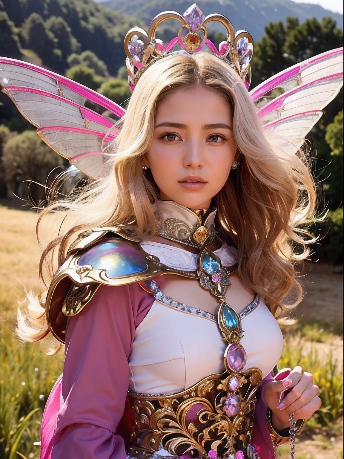 Professional , ​masterpiece、top-quality、photos realistic , depth of fields （Gemstone Silver Metal Body:1.９),(Matte White Pink、Jewel Gold Weapon、（Gorgeous castle background）、（ultimate beauty girl）、（Rainbow fairy wings grow）、Particles of light、（Metal body of iridescent gemstones:1.９),Gorgeous Jewel Metal Weapons , Detailed Sword of the Brave ,（ a blond）    , adepta sororitas,Detail and ornate jewel crown、独奏、Brown hair、Mystical expression、（Gangle's forest background）、Beautiful Caucasian beauty、１a person、dynamic ungle,(((Diamond tiara with detail and luxury)))、a small face、Beautiful poses、（Gorgeous castle background）、huge filesize、Beautiful girl at 16 years old、Stand in the center of the screen、Thin female fingers、Straight long hair、Beautiful Caucasian beauty、（maikurobikini）、Hair fluttering in the wind、face forwards、Look at viewers、（Armpit）、Armpit、