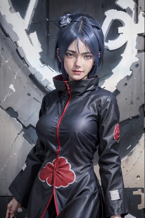 1girl, konan akatsuki in anime naruto, short hair, blue hair, black eyes, smile, beautiful, sexy dress, sexy clothes, black and ...