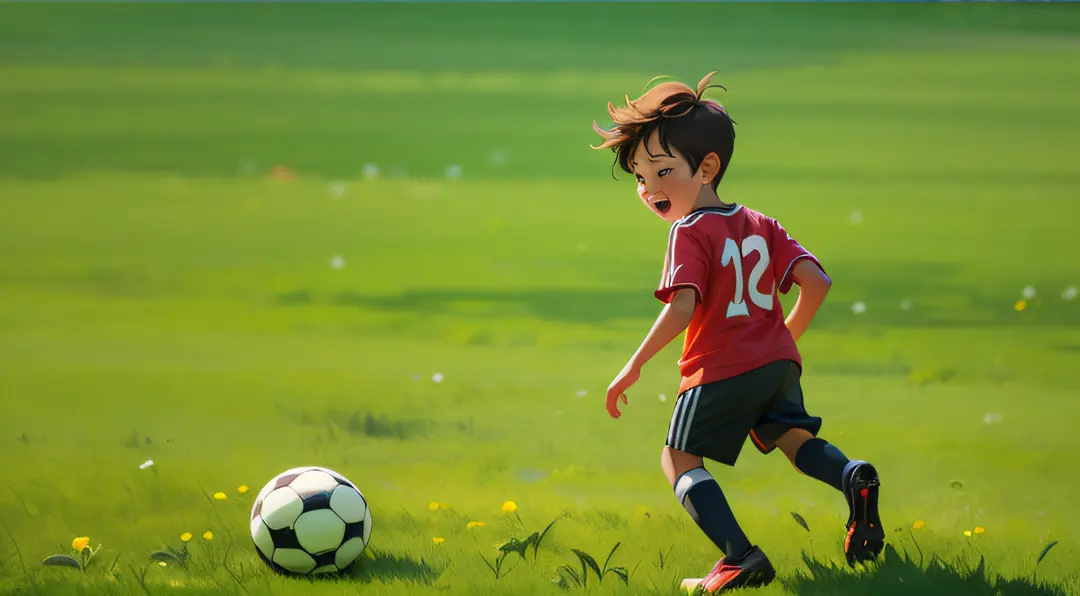 8 year old boy, brown  hair, Play soccer with friends on the grassy grass