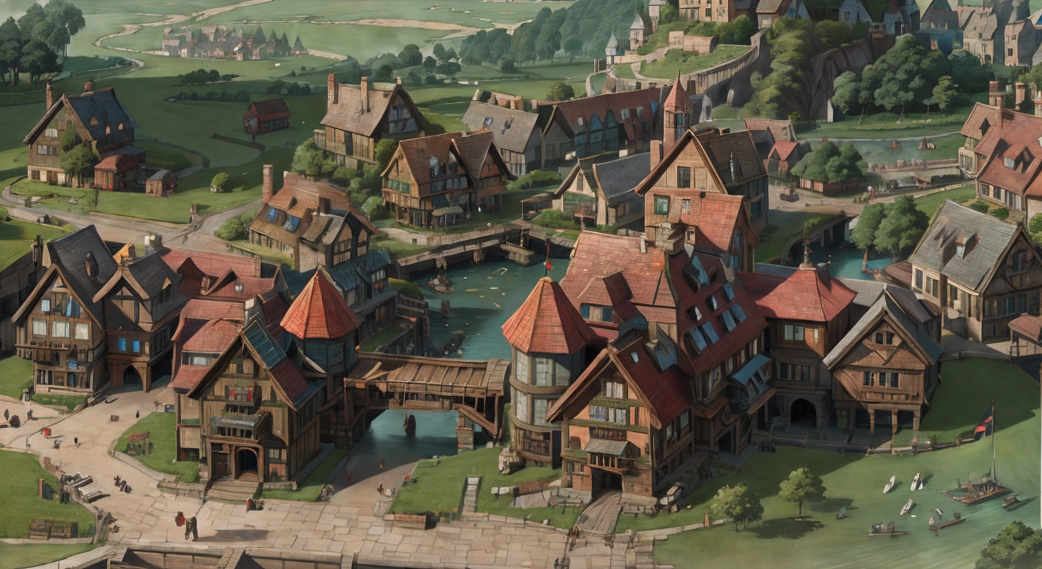 Realisticstyle，Construction of the village of Alafeld, medieval village on the plains, a bustling magical town, villages ， a small medieval village, fantasy town setting, medeival fantasy town, Renaissance city background, whiterun in the style of pixar, Fantasy Town, medieval town landscape，,Isometric 3D，Masterpiece, Best quality, (Extremely detailed Cg Unity 8K wallpaper), (Best quality),