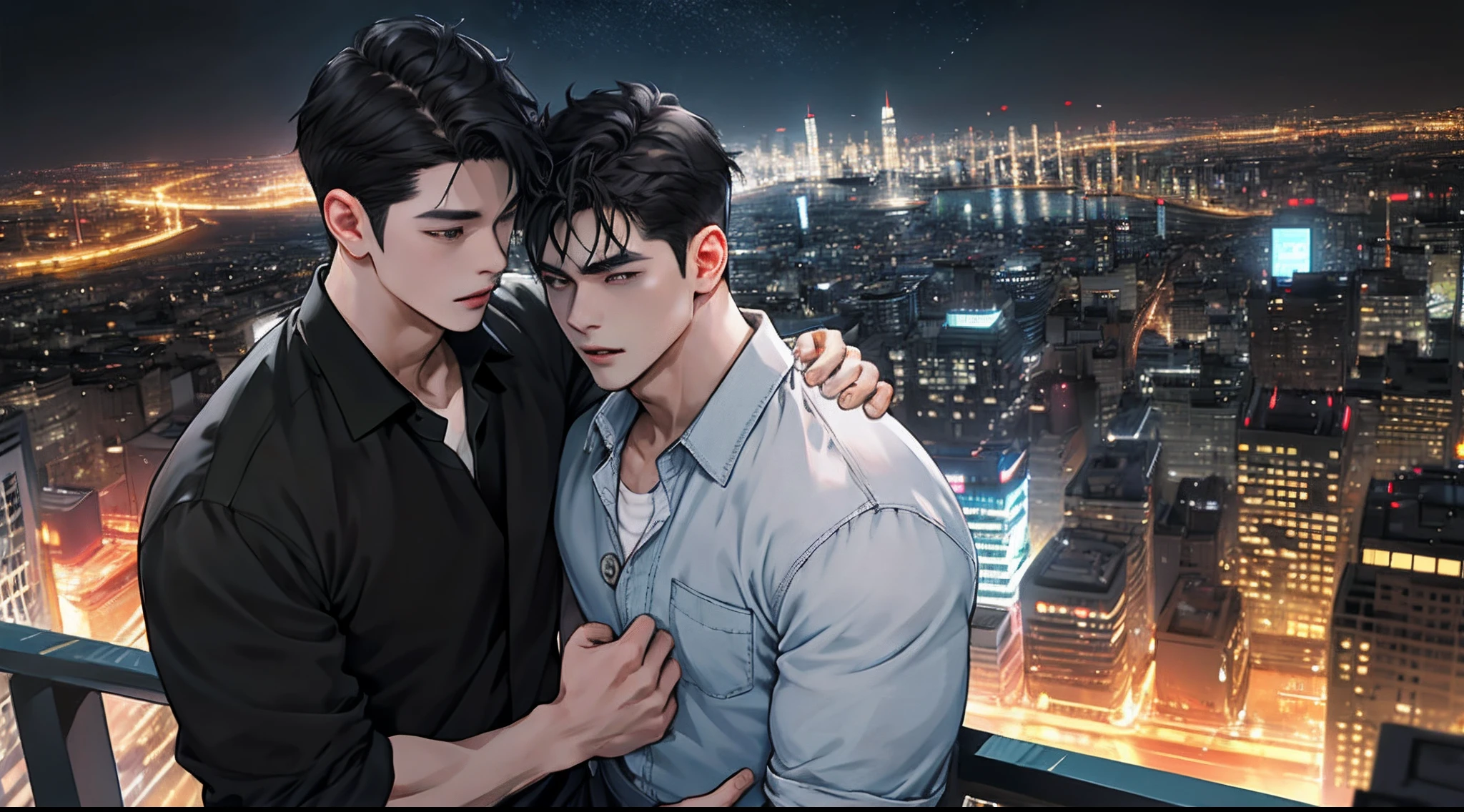 2male、tmasterpiece、top-quality、超A high resolution、Evening、view over city、depth of fields、Short black messy hair、Two men "2male，tmasterpiece，top-quality，超高分辨率，City view at night，depth of fields，Short black messy hair，Two men，Brothers clingy，On him, I always punch and paint color。"