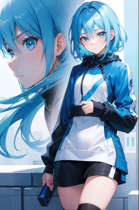 A cute boy，high and cold，Blue hair，blue colored eyes，shyexpression，full bodyesbian，style of anime，Correct ray casting，Correct shadow level，Ultra-clear，8K分辨率