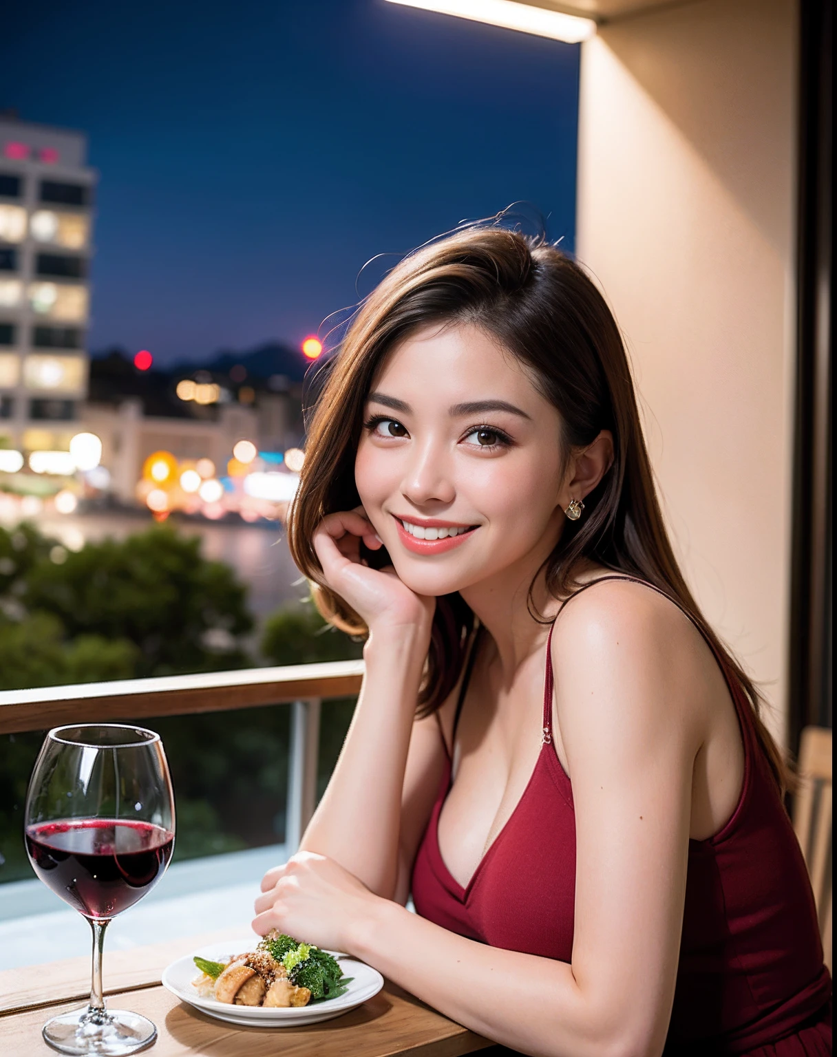 (64K, UHD, top quality, masterpiece: 1.2), (realistic, photorealistic: 1.37), super detailed, pretty woman 1 person, (slim face), (slim body), (brown hair), (short cut), cheeks slightly blushing, (44 years old), 38 years old, solo, beautiful detailed urban night view outside the window, restaurant, wine glasses sit, at night, in a prominent placeNovaFrogStyle, Actress, Model, Waist Up, White Wine, Slim, Wine Glass, Super Clean Night View, Wine Glass Put in the Middle, Happy Smile, (Smile: 1.15), Beautiful Fine Eyes, Upper Body, Bust Japan Up, Night, Short, Short, Actress, Model, Waist Up, White Wine, Slim, Wine Glass, Super Clean Night View, Wine Glass Put in the Middle, Happy Smile,