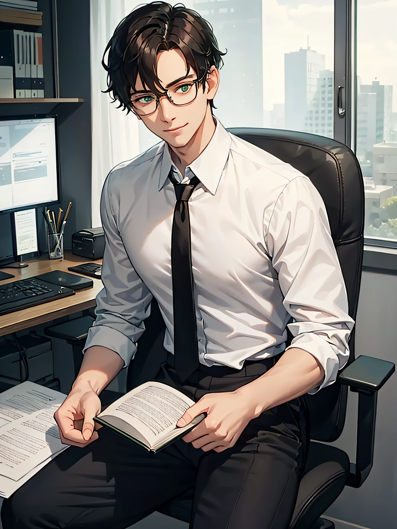 1 male, short black hair, green eyes, wearing white shirt black tie and lab gown, long black pants, office, wear glasses, sitting on office chair, holding a book, gentle, handsome, high res, ultrasharp, 8K, masterpiece, looking at viewer, gentle smile