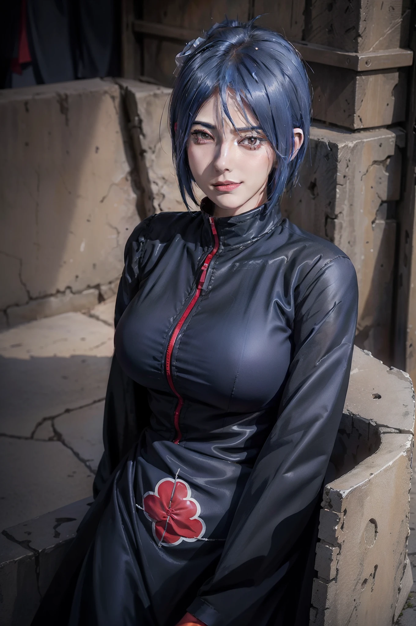 1 chica, konan akatsuki in anime naruto, cabello corto, pelo azul, ojos negros, sonrisa, hermoso, vestido sexy, ropa sexy, ropa negra y roja, pecho muy grande, Realista clothes, detalle de ropa, fondo al aire libre, ultra detalle, Realista