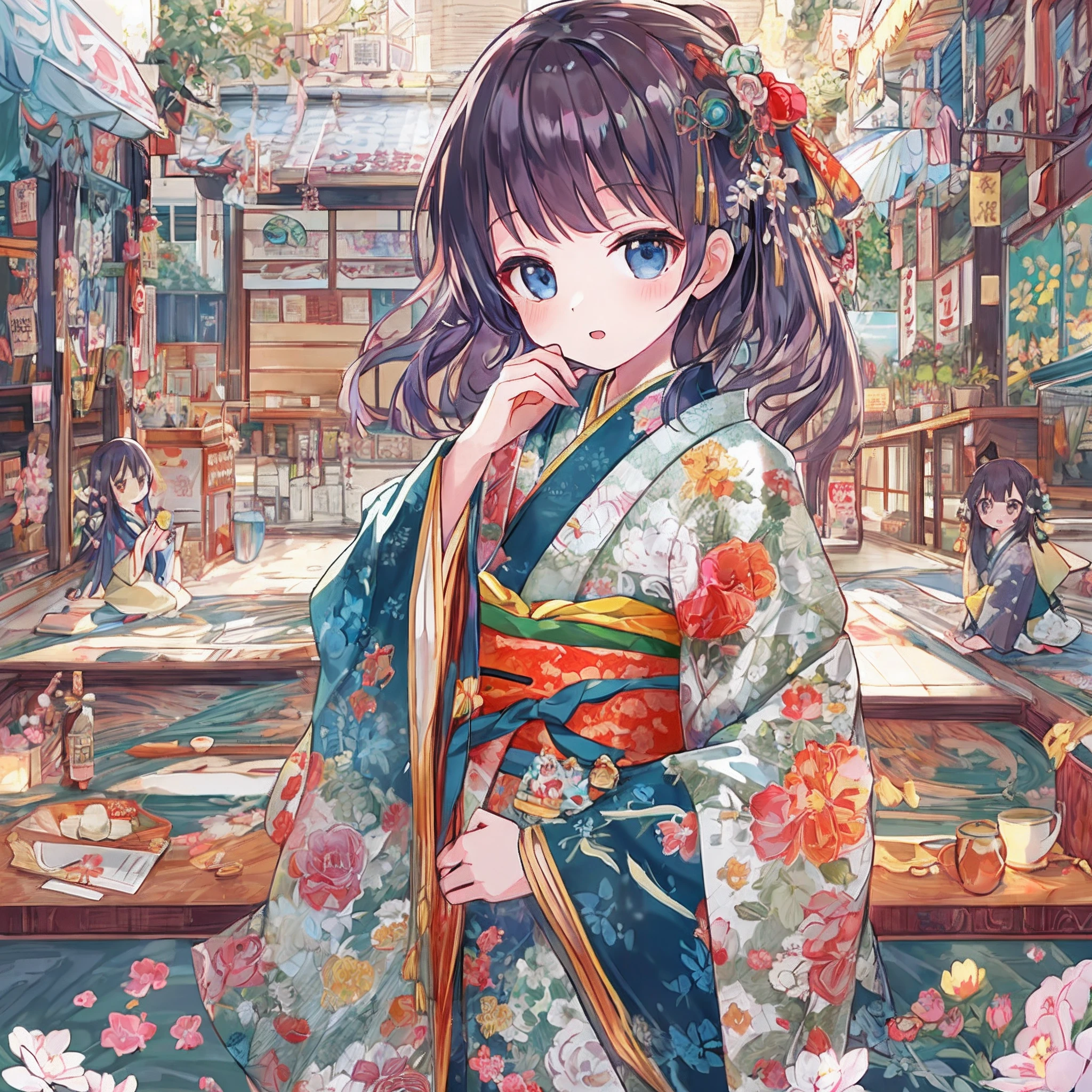 absurderes, hight resolution, (Anime style:1.1), ((masutepiece)), ((Best Quality)), (Ultra-detailed), (Beautiful), 独奏, Beautiful face、7 years old、Seven five three、Cute kimono figure