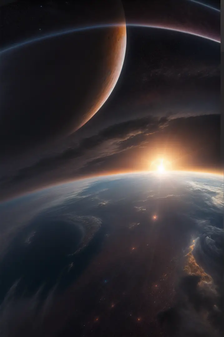 a picture of the sun setting on earth, a view from outer space, Ultra-Wide Angle, high detail, award winning, best quality, HD, 16K, high details, best quality, absurd highres, ultra wide angle, photorealistic, ultra realistic, high details, best quality, ...