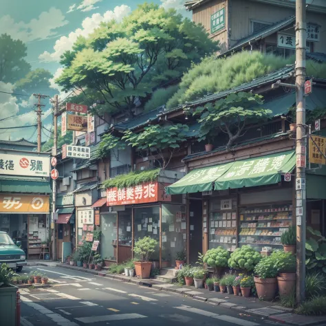 abandoned, slightly overgrown, empty, modern Japanese street. closed shops on either side of the street. trees. plants. plant pots. rocks. air ventilation systems. road works. big Japanese shop signs. retro Japanese shop signs. anime style, anime, lofi sty...