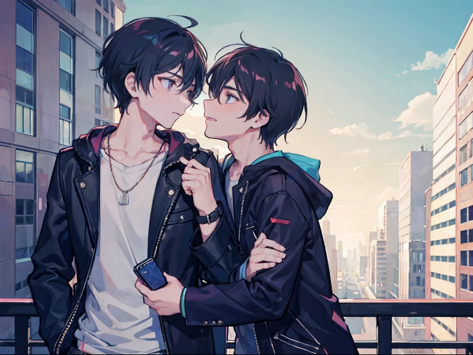 Anime couple in the city with a cityscape in the background - SeaArt AI