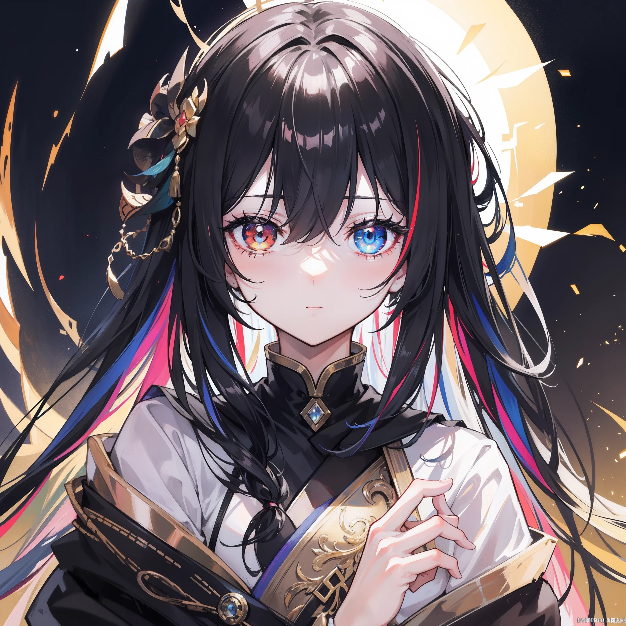 {{masterpiece}}，light，lens flare glow，beatiful detailed eyes，black in color，multicolour hair，Colorful light，particulate，heterochromia，（a color：1.5），（The color hair:1.5),