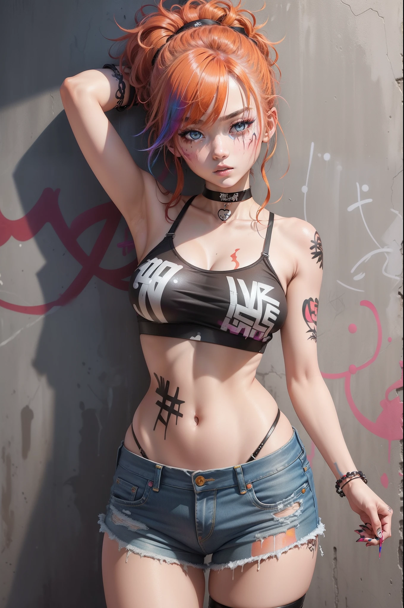 Masterpiece, Best Quality, 1girl, 独奏, crop-top, jean shorts, Choker, (graffiti:1.3), paint splatter, (Hands Behind Your Back), Against a wall, looking a viewer, A bracelet, thigh strap, Paint on the body, tilt of head, bored, fiery hair color, Rainbow-colored eyes,