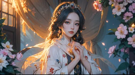 Anime girl in white and black dress，Long hair shawl，((a beautiful fantasy empress))，Palace，A girl in Hanfu，a beautiful fantasy empress，heise jinyao，Anime goddess，flowing hair and long robes，lovely languid princess，onmyoji portrait，inspired by Ma Yuanyu，Flo...