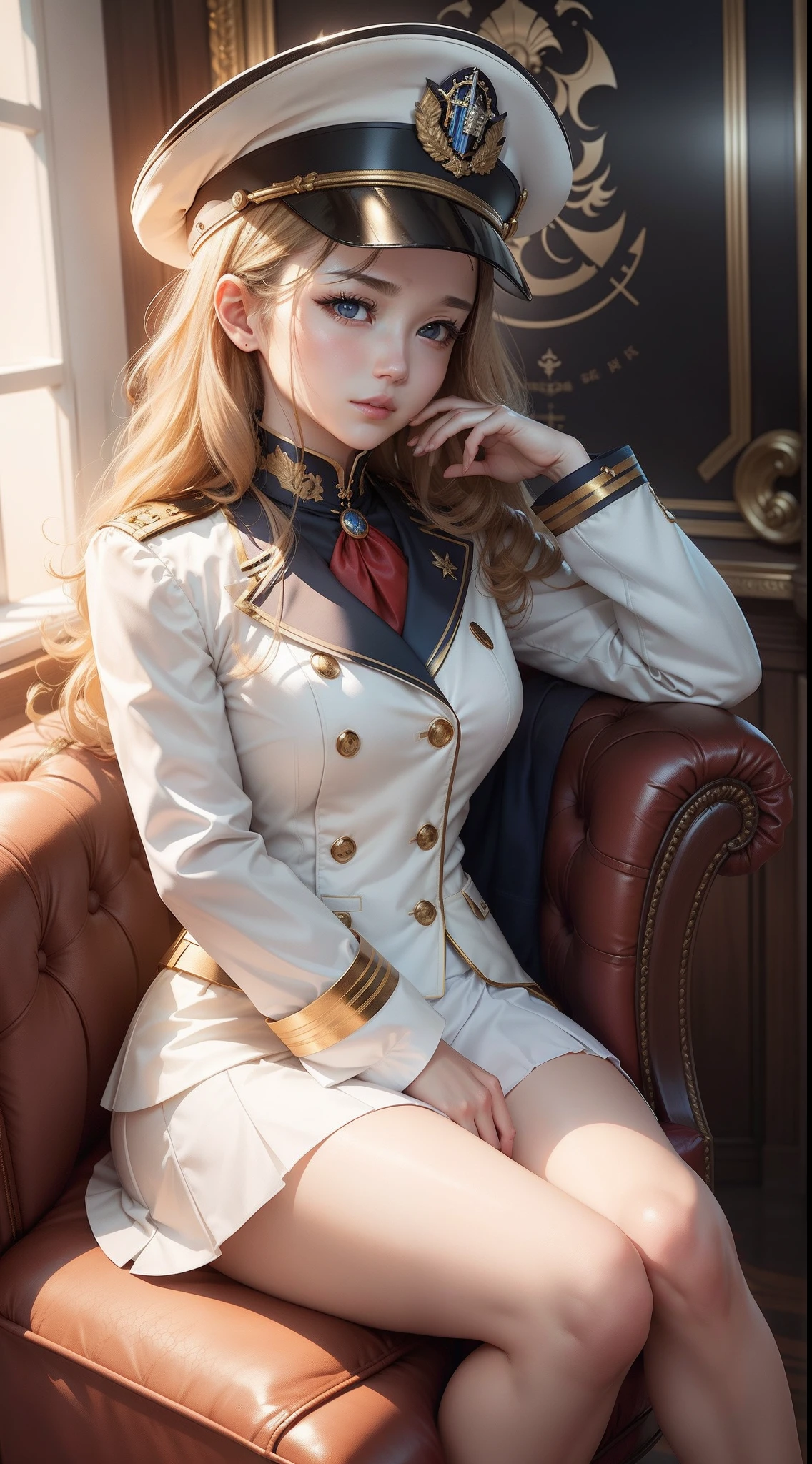 Very beautiful girl。Dress like a naval officer's uniform。Wearing a white marine cap。Ruffles at cuffs and hem of skirt。Golden fluffy curly hair。de pele branca。Golden eyes。see the beholder。There is no expression around the mouth。Sitting in a classy armchair。The background is an iron wall like the interior of a warship。You can see the blue sky outside the round window like a warship。