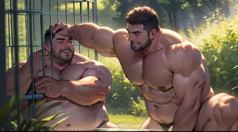 landscape,(1boy), Best quality, Mature male, big muscular man, (Baladuki: 1.5), bala dad, Thick arms, Thick legs,s whole body, Full shot, Grass, Fat, photograph realistic, Masterpiece, Naked upper body, Male,  Short hair, Strong, (The main muscles of the c...