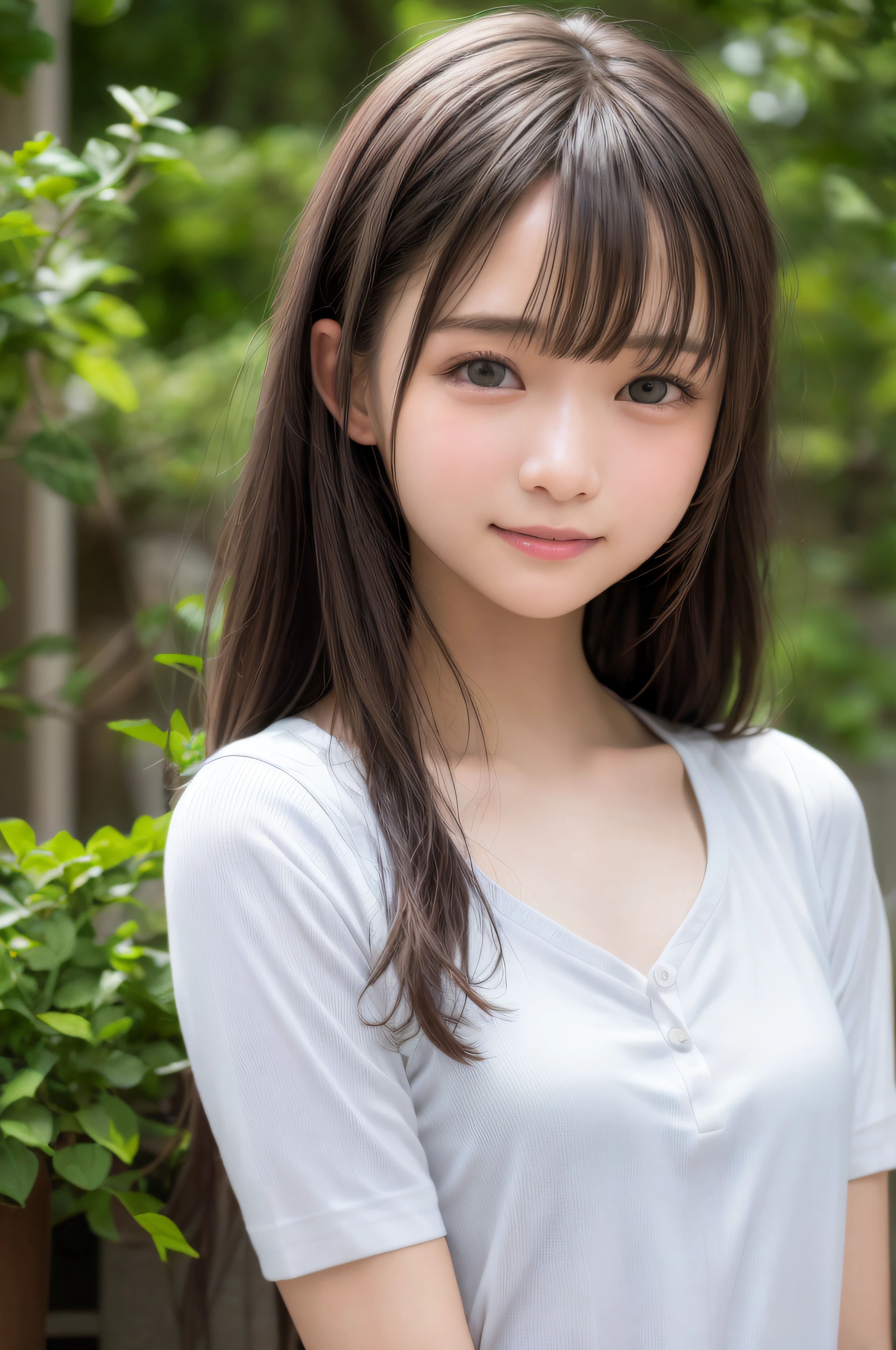 top-quality、​masterpiece)、White background、blurry backround、1girl、a beauty  girl、small tits、Shyness、red blush、超A high resolution、Beautie、cute little、solo、A  Japanese Lady。15yo student、hi-school girl、a smile。Beautiful young woman  model