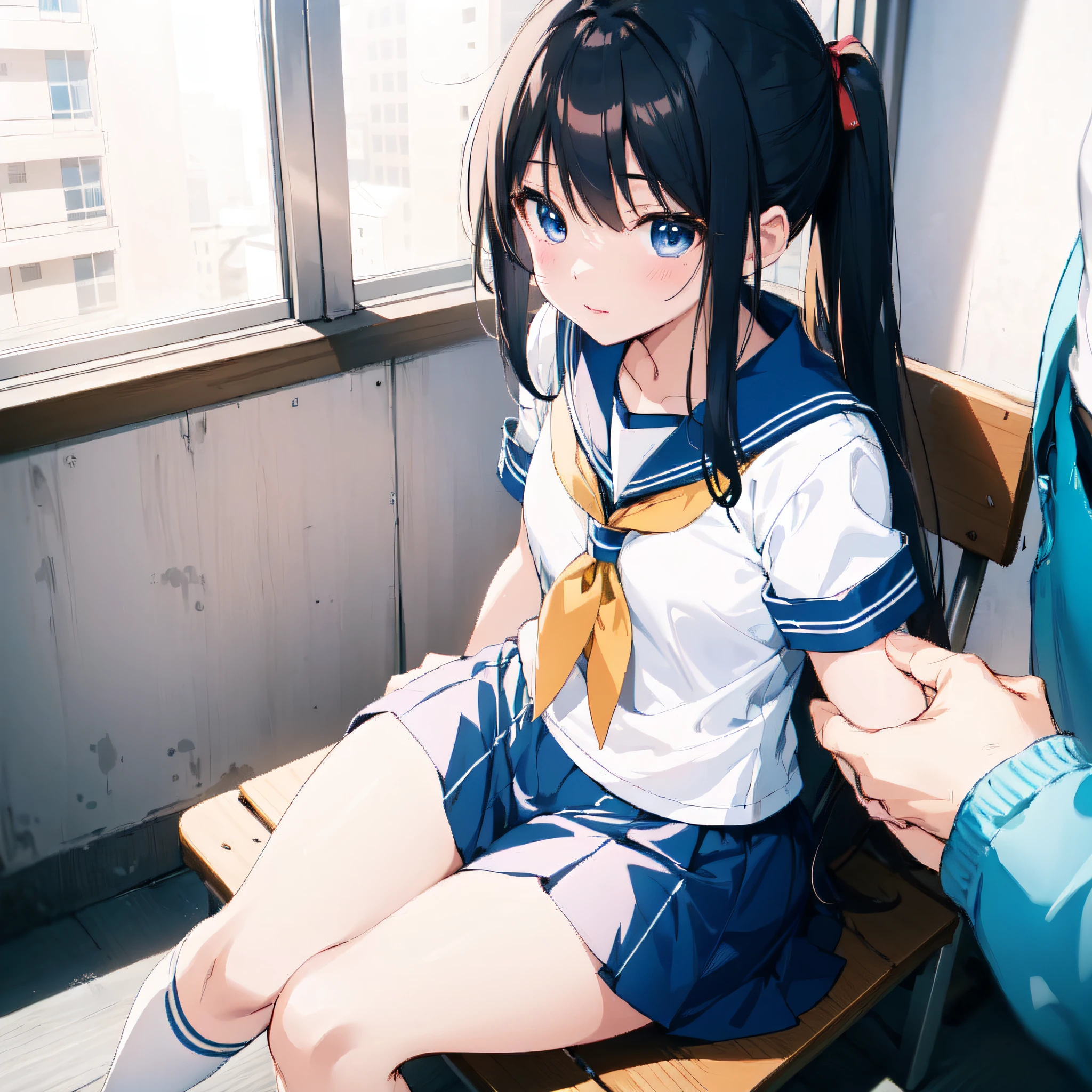 Anime girl sitting on a bench with a man standing next to her - SeaArt AI