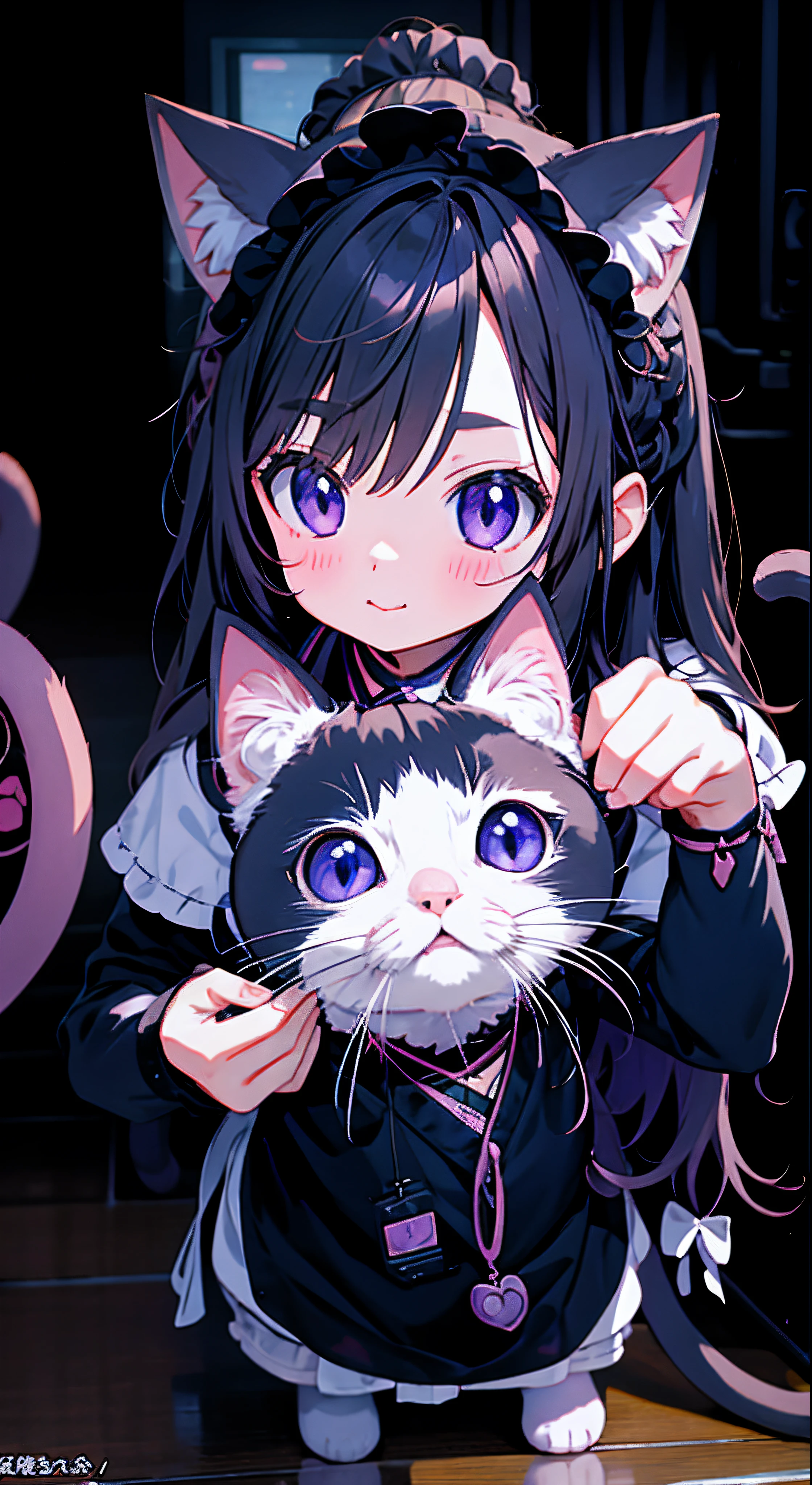 Anime girl with cat ears and a black dress holding a cat - SeaArt AI