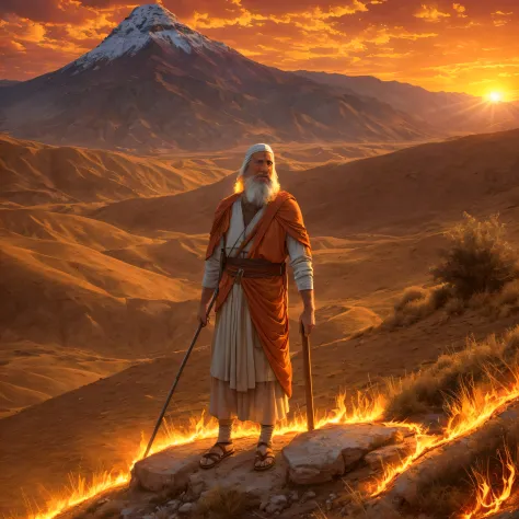 Moses before the burning full bush on Mount Horeb. Moses is an old man dressed as a shepherd. The bush is on bright, vibrant fla...