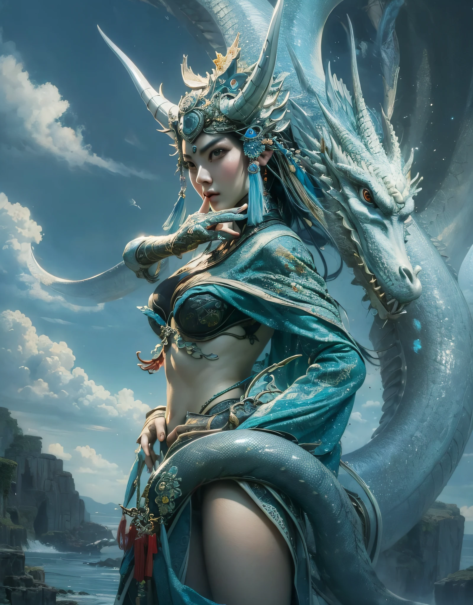 Primer plano de una mujer con un vestido bordado, belleza muy hermosa con un dragón chino a su lado, Rodeado de nubes auspiciosas, fantasía china, hermosa obra de arte digital, obras maestras, Ross Tran 8K, zhang jingna, Xian Xia Fantasía, CGsociety y Fenghua Bell, Estilo chino, Túnica de tela inspirada en el dragón, Ross Tran y WLOP, reina del mar Mu Yanling, inspirado por Chu Derun