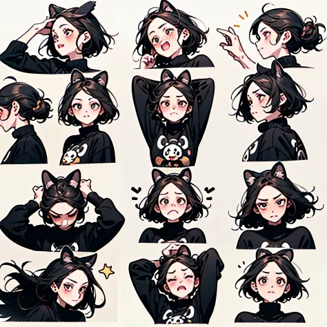Cute girl avatar，emoji pack，（cat ear），(9 emojis，emoji sheet，Align arrangement)，9 poses and expressions（Grieving，astonishment，having fun，excitement，big laughter，doubt，Angry，Touch your head，Sell moe, wait），Anthropomorphic style，Disney style，Black strokes，Dif...