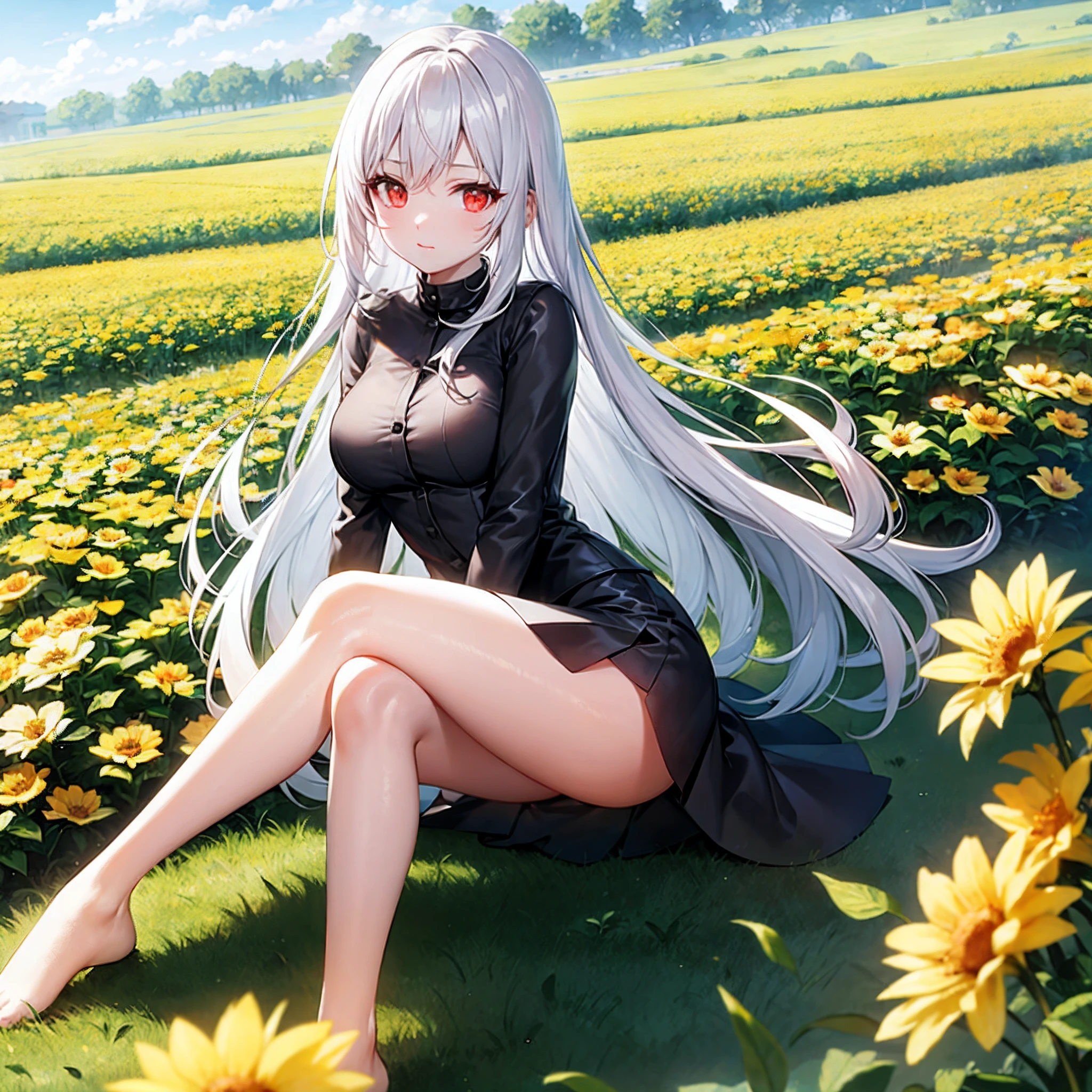 Chica anime sentada en un campo de flores con un girasol - SeaArt AI