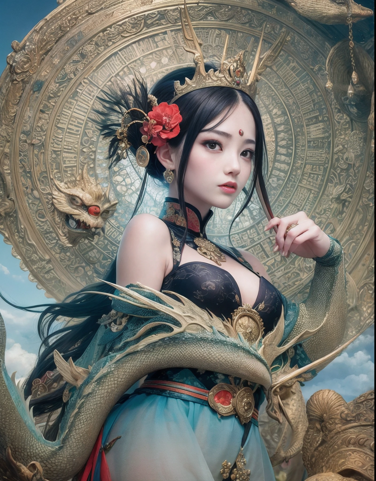 Close de uma mulher com um vestido bordado, beleza muito bonita com um dragão chinês ao lado dela, Cercado por nuvens auspiciosas, Fantasia chinesa, linda arte digital, obras mestres, ross tran 8k, Zhang Jingna, Fantasia de Xian Xia, CGsociety e Fenghua Bell, estilo chinês, roupão de pano inspirado em dragão, Ross Tran e WLOP, rainha do mar Mu Yanling, inspirado em Chu Derun