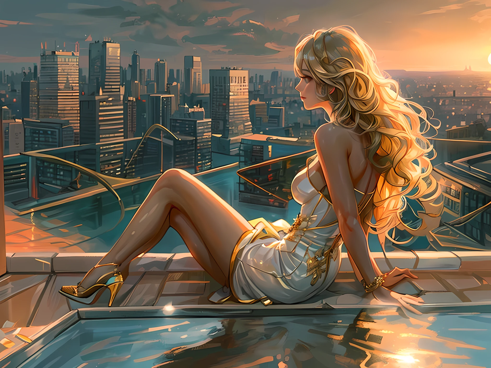 an illustration of a woman sitting in an infinity pool on top of roof in a modern city, watching sunset over the city, sun being reflected in the water a view from the rear, long hair, wavy hair, blond hair, ultra feminine, best detailed face, wearing elegant dress, glamorous dress, wearing high heels, ultra best realistic, best details, best quality, 16k, [ultra detailed], masterpiece, best quality, (extremely detailed), ultra wide shot, photorealism,