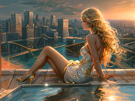 an illustration of a woman sitting in an infinity pool on top of roof in a modern city, watching sunset over the city, sun being...