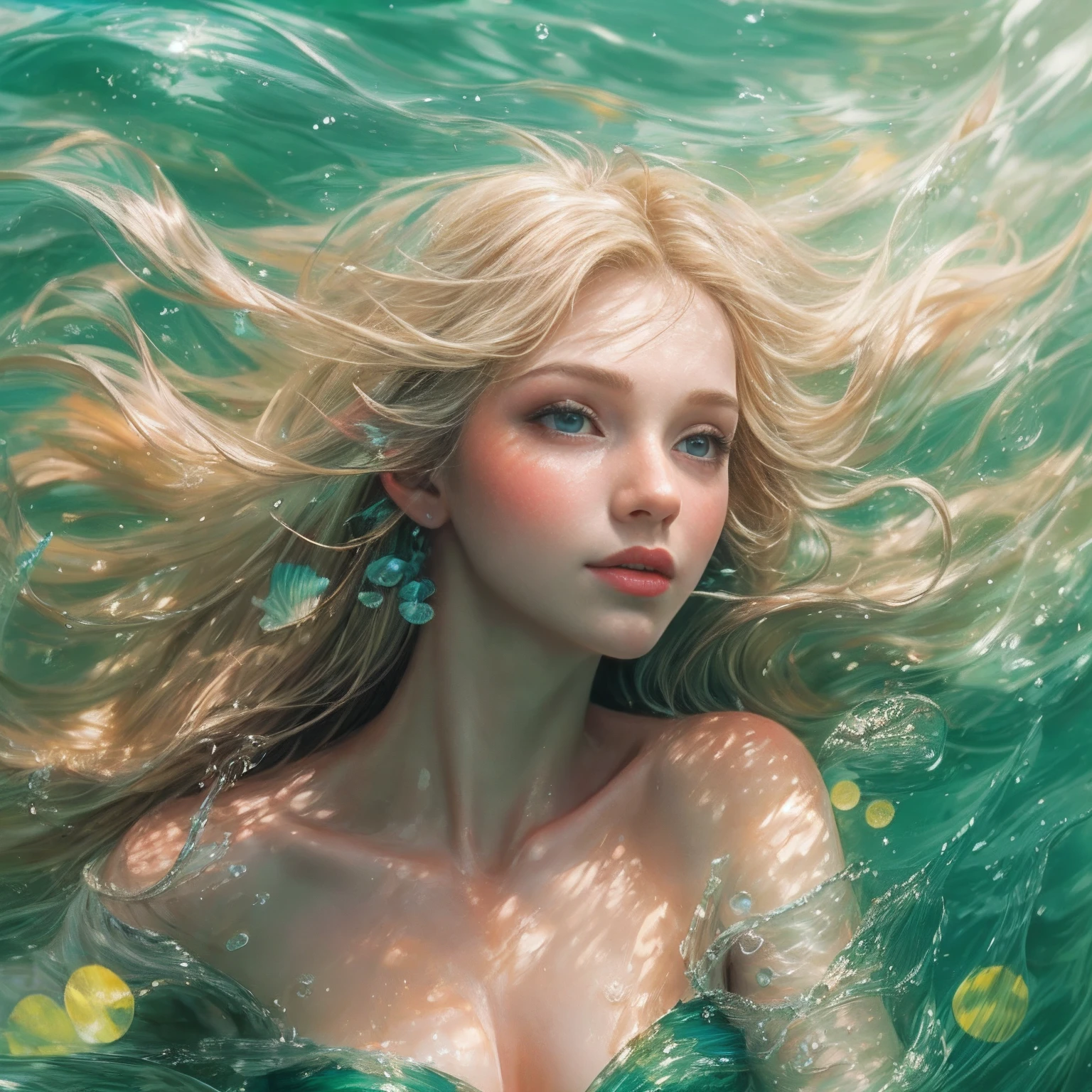 Mermaid swimming in water. Digital Illustration, Beautiful long blonde hair and angelic face, 16 K, Ultra-high quality rendering,fantastic realism, Bokeh,  ultra-detailliert, Detailed background