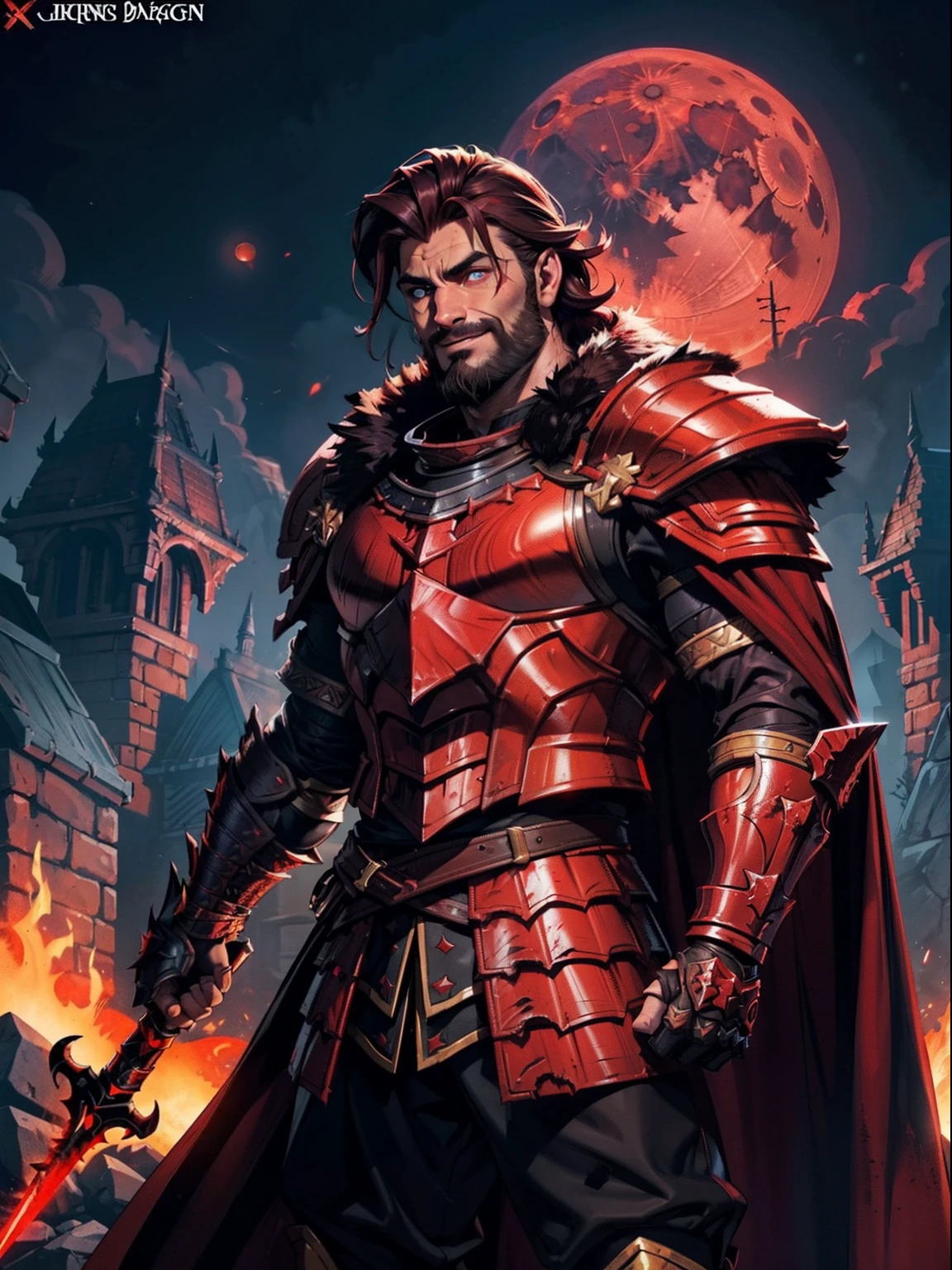 Dark night blood moon background, Darkest Dungeon style, game portrait. Kevin Smith as Ares from Xena, athlete, short mane hair, mullet, defined face, detailed eyes, short beard, glowing red eyes, dark hair, wily smile, badass, dangerous. Wearing full armor with red dragon scales, cape of furs.  Breath fire.