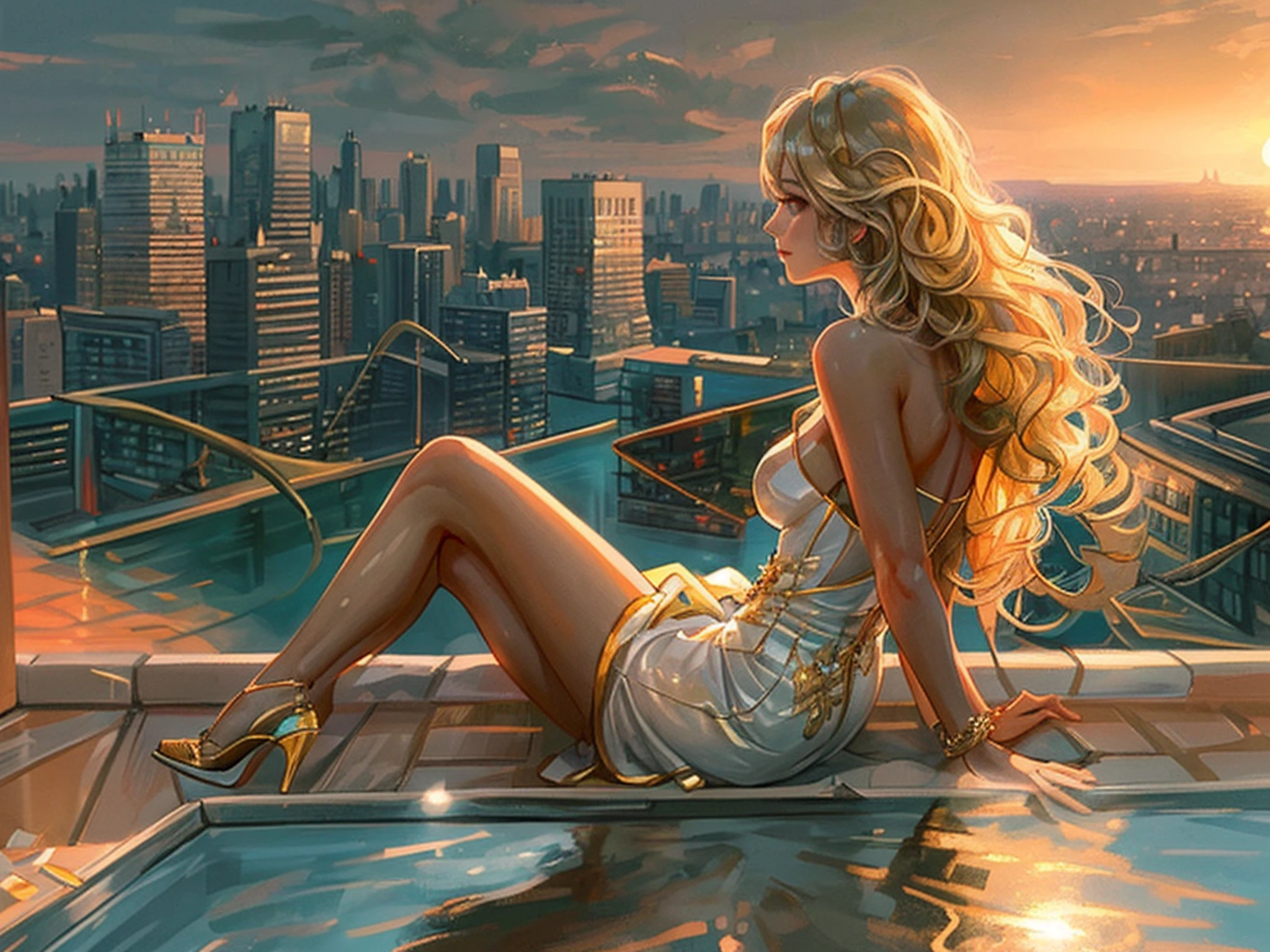 an illustration of a woman sitting in an infinity pool on top of roof in a modern city, watching sunset over the city, sun being reflected in the water a view from the rear, long hair, wavy hair, blond hair, ultra feminine, best detailed face, wearing elegant dress, glamorous dress, wearing high heels, ultra best realistic, best details, best quality, 16k, [ultra detailed], masterpiece, best quality, (extremely detailed), ultra wide shot, photorealism,